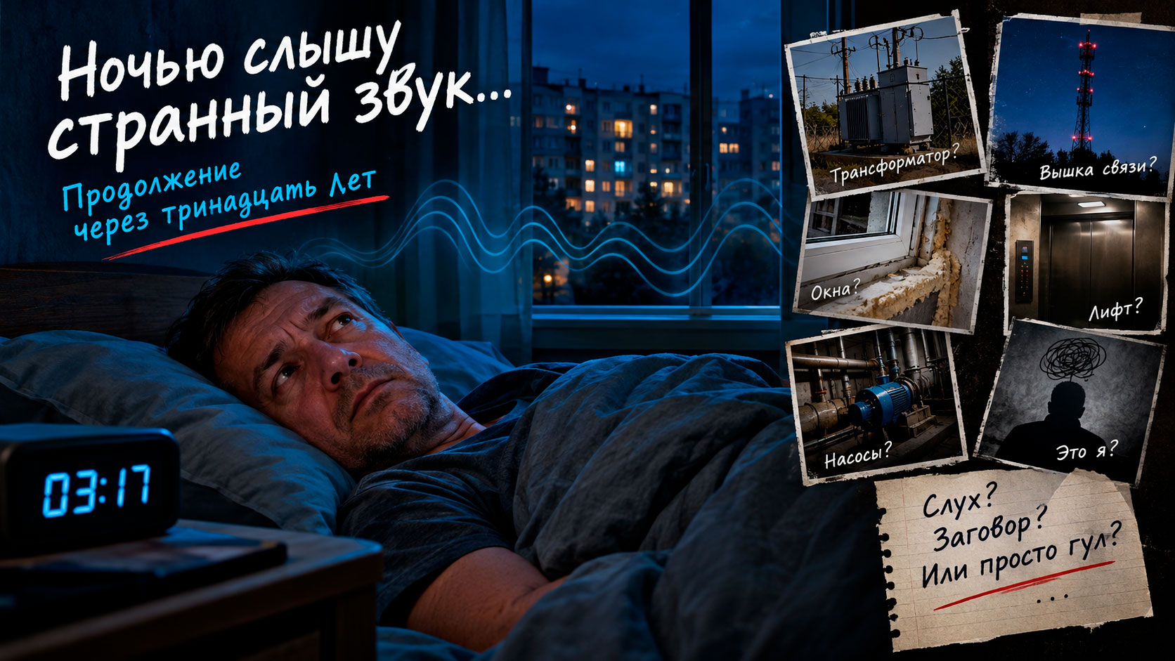 Ночью слышу странный звук: продолжение через тринадцать лет Мужчина не спит в три часа ночи и слушает странный гул по ночам; рядом версии источника: трансформатор, вышка связи, окна, лифт, насосы